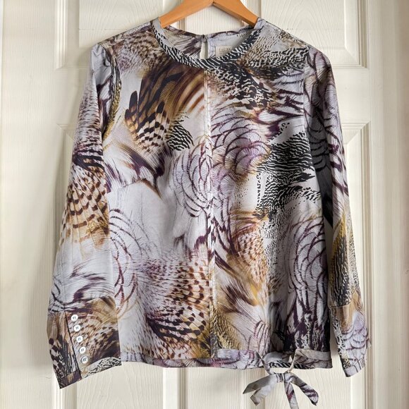 size 1 (fits‎ M 8/10) PAUW Amsterdam feather print blouse silk top tie front - Picture 2 of 11